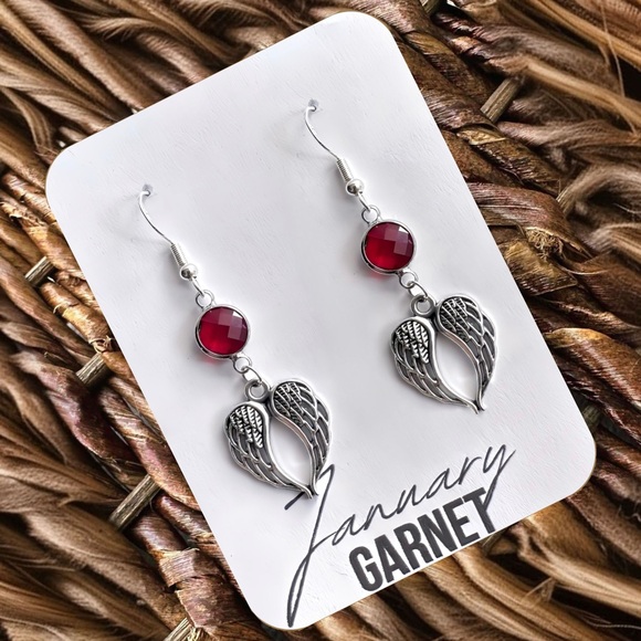 New Silver-Tone Wings & Imitation Garnet (January Birthstone) Earrings (Ver 4) - Picture 4 of 8